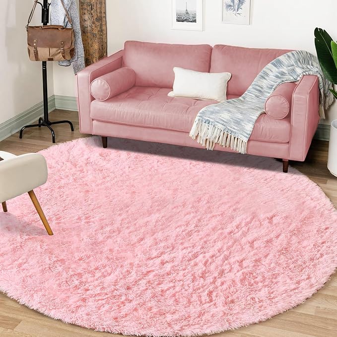 Pink Round Rugs for Bedroom: 4ft Circle Fluffy Shag Soft Washable Rug Small Fuzzy Plush Indoor Carpet for Kids Girls Boys Nursery Dorm Classroom (Pink, 4'x4')