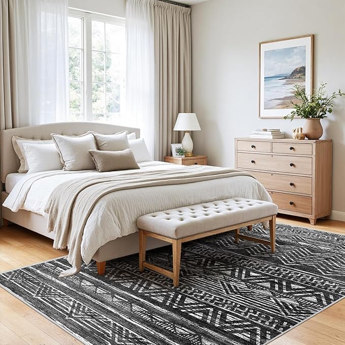 4x5 Washable Entryway Area Rug: Modern Moroccan Runner Rugs Indoor Soft Non Slip Door Mat for Living Room Low Pile Thin Floor Carpet for Kitchen Dining Room Bedroom Home Office Decor(4x5,Black)