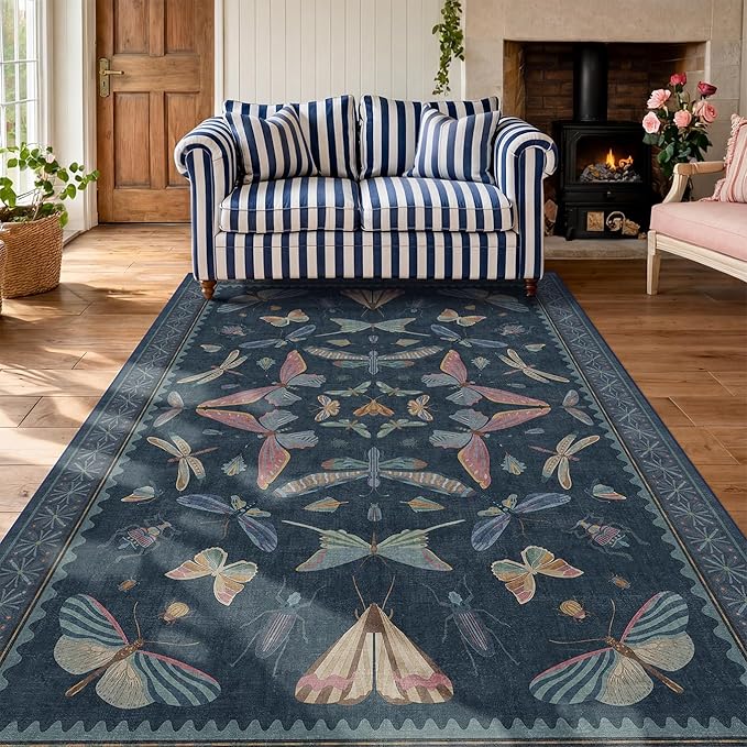 Blue 5x8 Washable Living Room Rugs - Stain Resistant Non Slip Insect Rug for Dining Room, Low Pile & Soft Carpet for Bedroom, Dark Vintage Décor Indoor, Non Skid with Rubber Backing