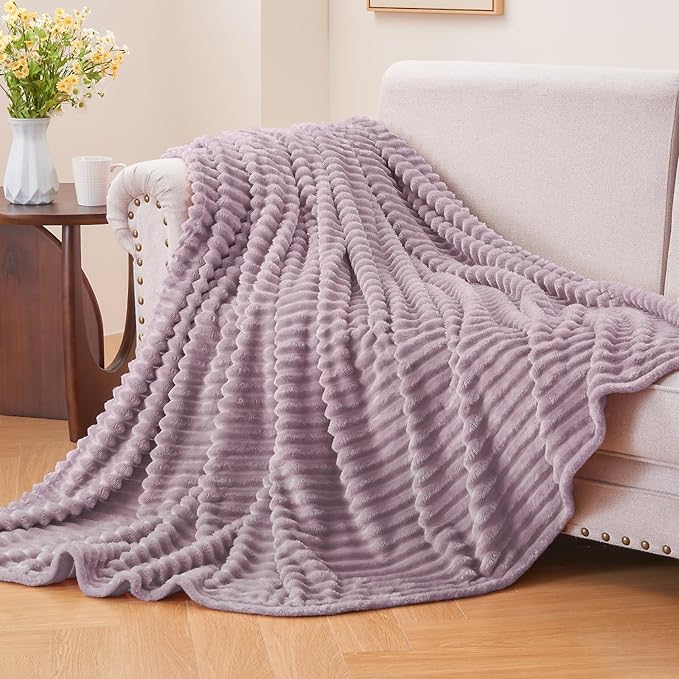 BEDELITE Fleece Throw Blanket for Couch – 3D Ribbed Jacquard Soft and Warm Decorative Fuzzy Blanket – Cozy, Fluffy, Plush Lightweight Dusky Violet Throw Blankets for Bed, Sofa, 50x60 inches