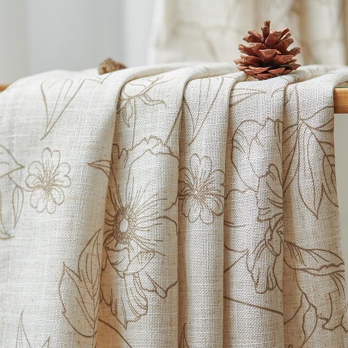 jinchan Floral Linen Curtains for Living Room 63 Inch Length Taupe Flower Curtain Rod Pocket Back Tab Farmhouse Curtains with Printed Floral Bedroom Window Curtain Set, 2 Panels Taupe