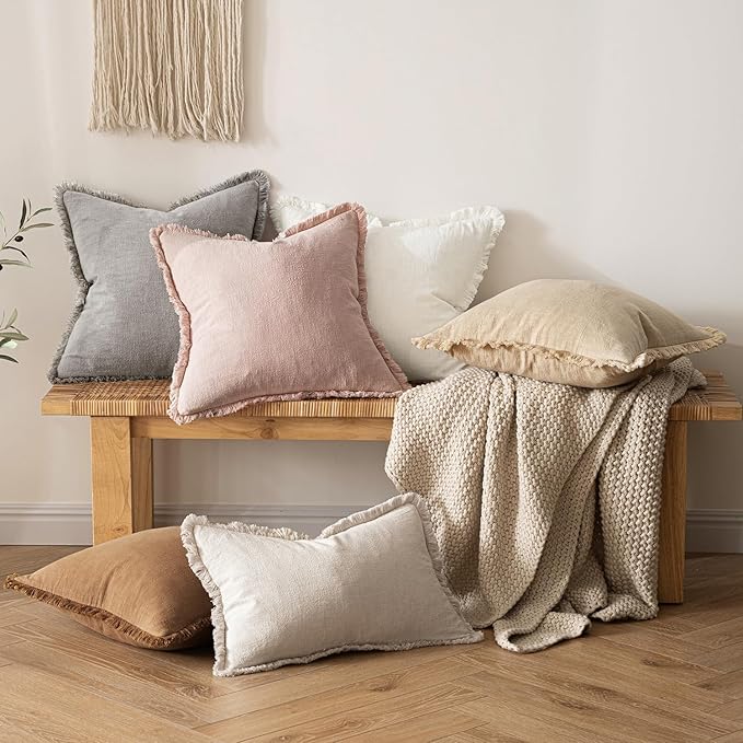 MIULEE Valentines Decorative Throw Pillow Covers Neutral Linen Fringe Throw Pillows Set of 2 Light Pink Boho Farmhouse Cushion Covers for Couch Sofa Bed Living Room Spring Home Decor 18x18 Inch