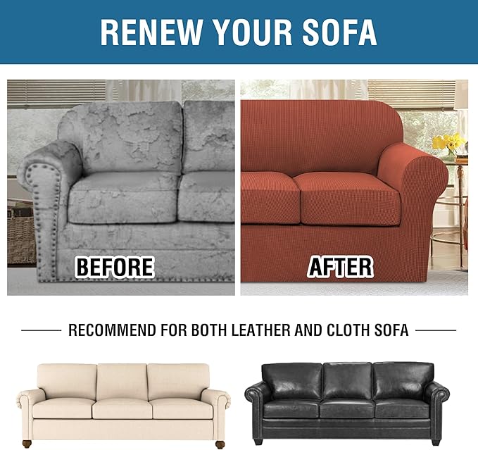 H.VERSAILTEX 4 Piece Stretch Sofa Covers for 3 Cushion Couch Covers Furniture Slipcovers for Living Room (1 Base Cover Plus 3 Seat Cushion Covers) Thicker Jacquard Fabric Cover (XL Sofa, Rust)