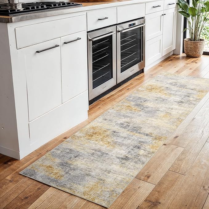 2'6''x8' Washable Kitchen Runner Rug: Modern Abstract Runners for Hallway Soft Non Slip Rugs with Rubber Backing Low Pile Thin Floor Carpet for Entryway Bedroom Bathroom Indoor(Grey/Yellow,2'6''x8')
