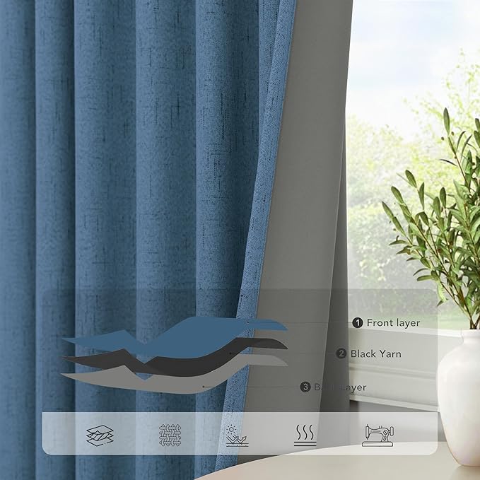 Denim Blue Living Room Black Out Curtains 63 Inch Long Insulated Thermal Darkening Kitchen Drape for Windows Over Sink Boho Linen Textured Blackout Curtain for Dining Room Kids Bedroom Basement Office