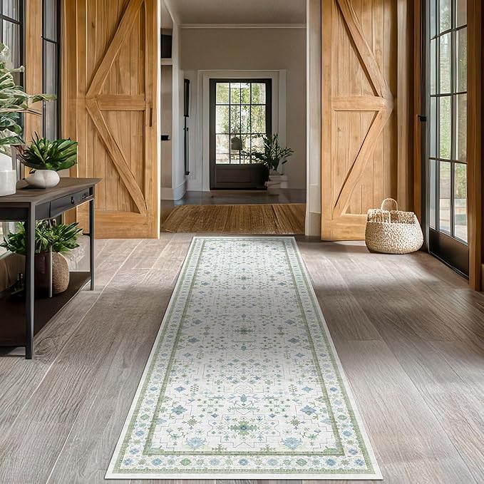 Hazo Haus Oushak 3x16 Wide Hallway Runner Rug - Vintage Turkish Floral, Washable Low Pile Non Slip 16ft Extra Long Runners for Large Kitchen, Hall Way - Light Blue and Green Décor