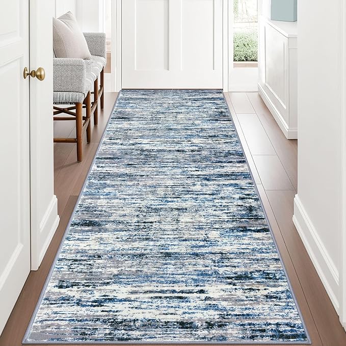 Lansny Modern Abstract Runner Rug 3x8, Grey Blue White, Washable Kitchen Runner Non-Slip Soft Hallway Rug Thin Print Faux Wool Carpet for Entryway Bedroom Laundry Room Indoor Home Office Decor