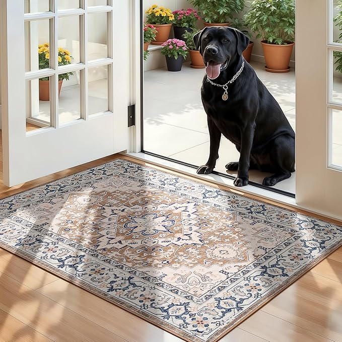 Lofus 2x3 Washable Rug for Entryway Bathroom, Non Slip Kitchen Mats for Floor, Vintage Soft Door Mat Indoor Entrance, Small Area Rugs, Farmhouse Carpet for Entry Living Room Bedroom, Floral Brown