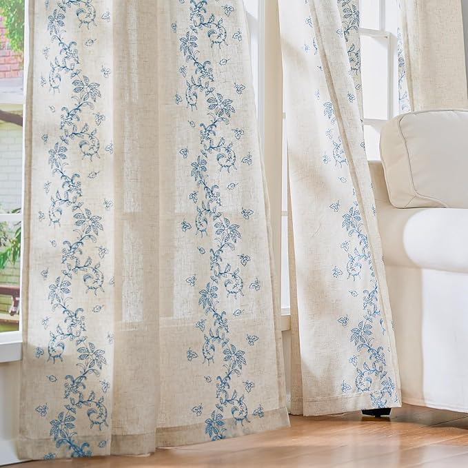 jinchan Evelyn Embroidered Linen Curtains 84 inch Long 2 Panels Blue Curtains for Living Room Bedroom Farmhouse Cottage Core Semi Sheer Light Filtering Floral Window Drapes Rod Pocket Back Tab