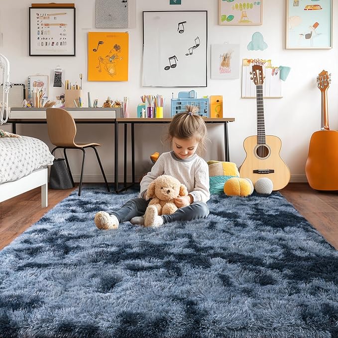 Pionblank Super Fluffy Area Rug for Bedroom 5x7, Modern Indoor Shag Carpet, Soft Plush Non Slip Rugs for Living Room Kids Room Cloakroom Home Decor, Blue Grey