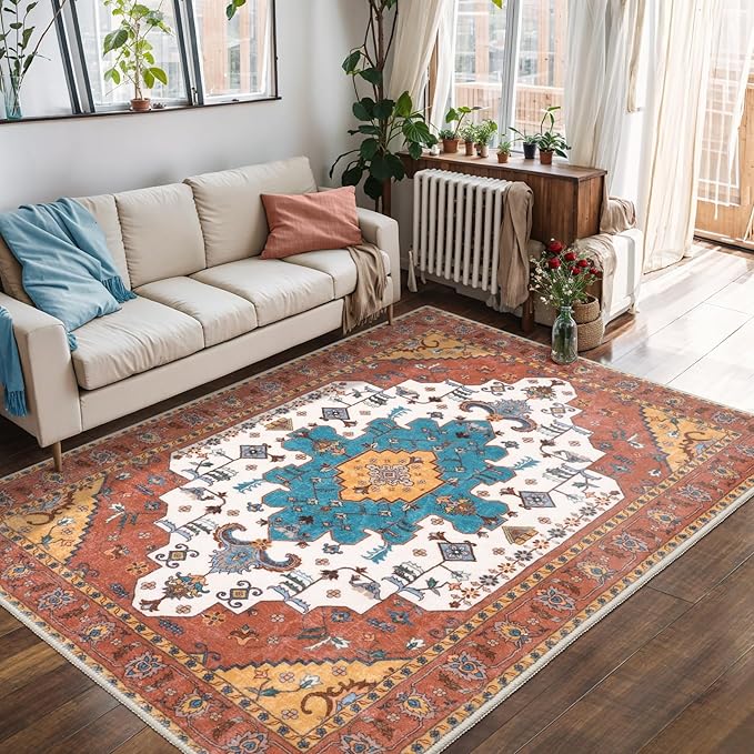 SERISSA Boho Area Rug 5x7 Orange, Washable Large Rugs for Living Room, Ultra Soft Non-Slip Bedroom Rug Print Distressed Vintage Tribal Farmhouse Carpet Rug for Dining Room Dorm Office Home Decor