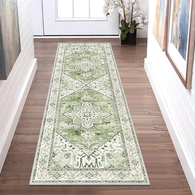 Yamaziot Washable Runner Rug, 2x6 Non-Slip Boho Vintage Hallway Rug Runner with Rubber Backing, Stain Resistant & Low Pile Faux Wool Distressed Carpet Runner for Kitchen, Laundry, Entrance
