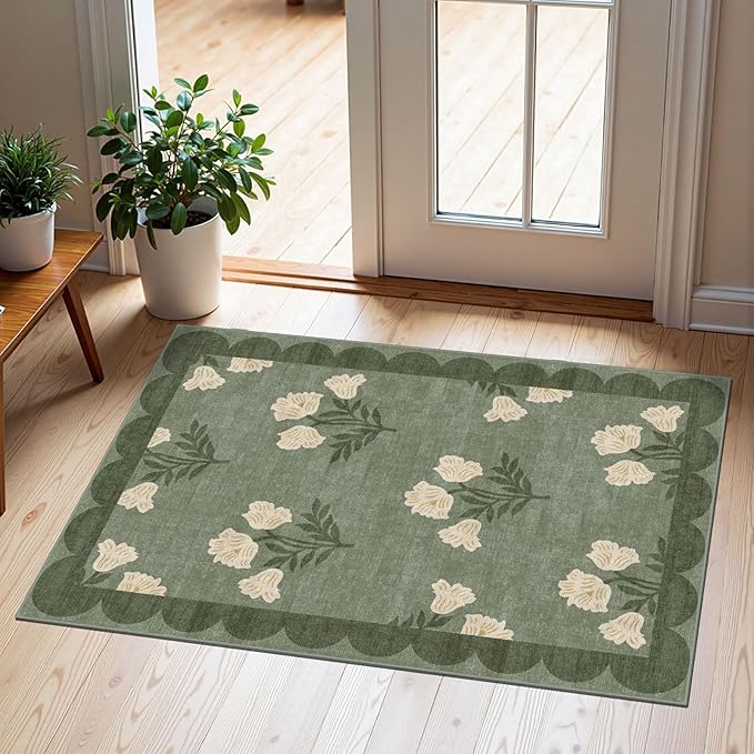 Front Door Mat Outside Entrance - 2x3 Floral Non-Slip Washable Doormat Indoor Outdoor Door Mat Spring Sage Green Floral Entry Rug Small Throw Rugs for Entryway Kitchen Front Porch Decor