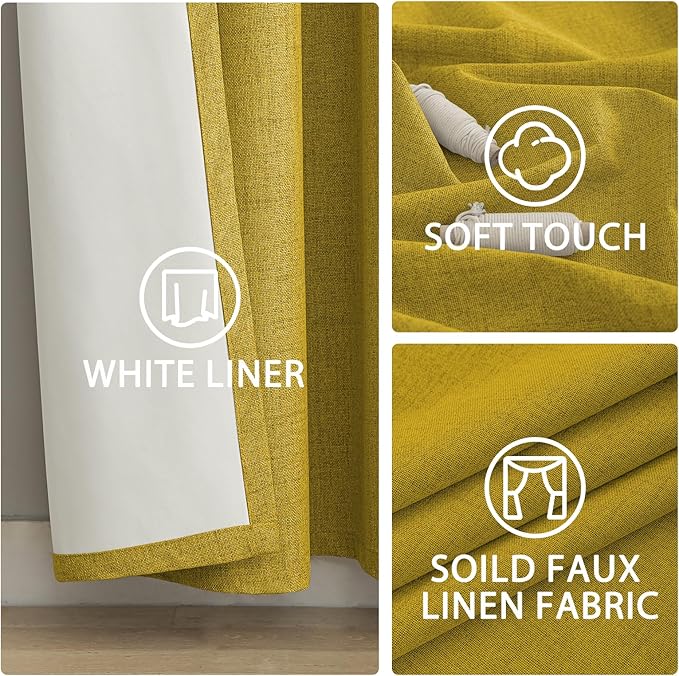 Yakamok Mustard Yellow Linen Curtains 100% Blackout 84 Inches Long,Room Darkening Textured Curtains for Living Room Thermal Grommet Bedroom Curtain 2 Panels with White Liner
