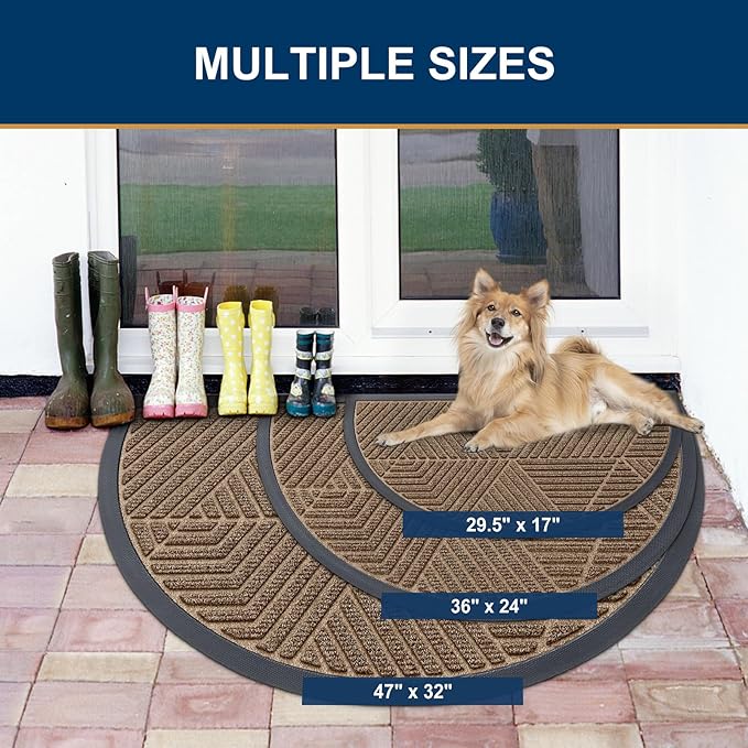 Smiry Half Circle Front Door Mat Outside Entrance, Heavy Duty Sturdy Natural Rubber Doormat, Trap Dirt and Moisture, Low Profile Mats for Indoor Outdoor Entry, Irregular Triangle (35x23, Brown)