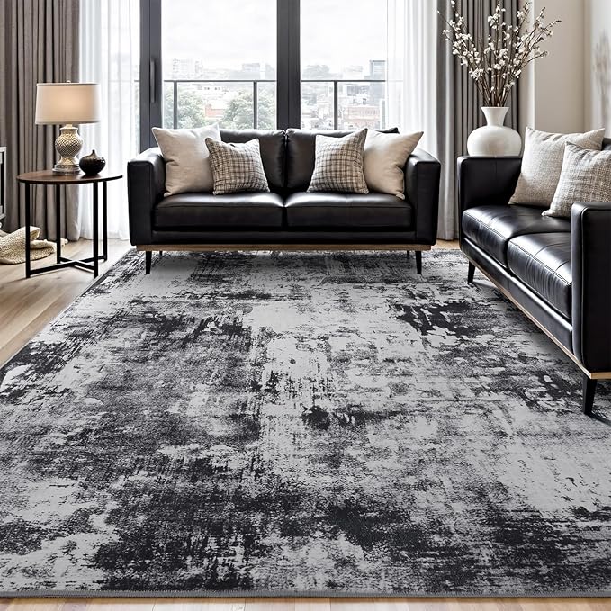 Rugflix 9x12 Area Rugs for Living Room, Washable Large Rug Stain-Resistant Low Pile, Modern Dark Carpet for Dining Room Home Office Kid Room Nursery Bedroom, Black Grey