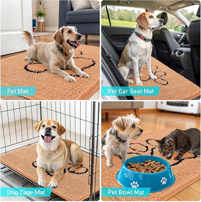 OLANLY Dog Door Mat for Muddy Paws 48x30, Paw Print Design, Absorbs Moisture and Dirt, Absorbent Non-Slip Washable Doormat, Quick Dry Chenille Mud Mat for Dogs, Entry Indoor Entryway Carpet, Orange