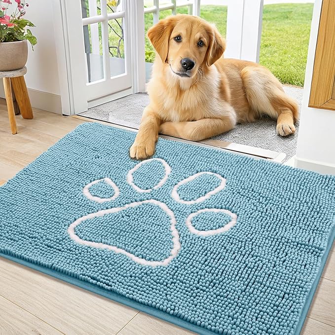 Smiry Dog Door Mat for Muddy Paws, Absorbent Dirt Trapper Non Slip Quick Dry Washable Chenille Mat for Mud Dogs, Entry Rug for Indoor and Outdoor (36x24 Inches, Sky Blue and White)