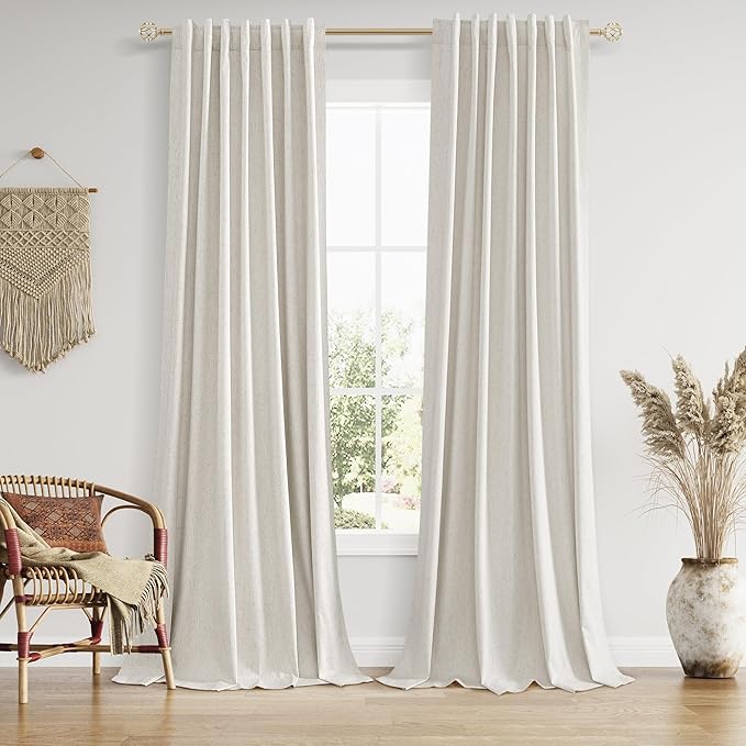 Guken 112 Inch Long Boho 100% Black Out Curtain 2 Panels Set, Linen Blackout Curtains Sound Proof Heat Blocking Thermal Insulated Window for Bedroom Back Tab Rod Pocket, 52x112