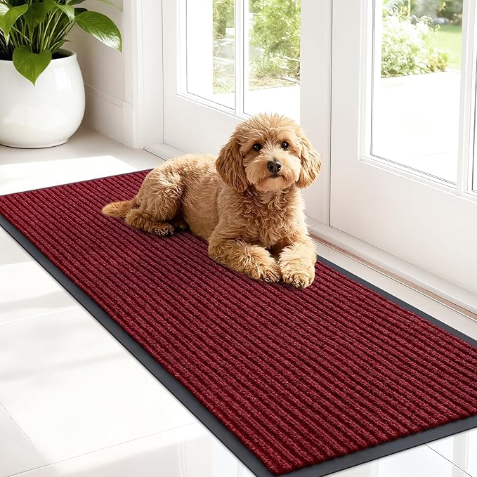 OLANLY Front Door Mat Indoor Outdoor Entrance, Waterproof Heavy Duty Doormat, Fade Resistant, Low Profile, Easy Clean Patio Porch Welcome Floor Mats for Entry, 47x17, Wine Red