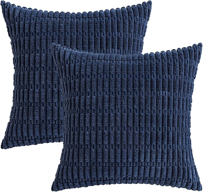 MIULEE Pack of 2 Corduroy Decorative Throw Pillow Covers 20x20 Inch Soft Boho Striped Pillow Covers Modern Farmhouse Home Decor for Summer Coastal Sofa Living Room Couch Bed Dark Blue