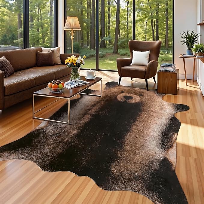 AROGAN Premium Bear Print Rug 4.6x5.2 Feet, Machine Washable Faux Fur Rug, Non-Slip Animal Print Hide Bear Skin Area Rug for Bedroom Living Room Home Decor