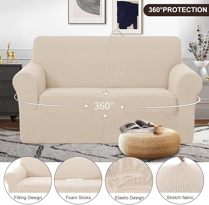U-NICE HOME Loveseat Cover Stretch Couch Cover Sofa Cover Sofa Slipcover Furniture Protector for 2 Cushion Couch Sofa Pet Friendly(Loveseat, Beige)
