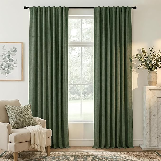 RYB HOME Olive Green 100% Blackout Linen Curtains 102 inches Long, Luxury Thermal Insulated Room Darkening Drapes for Living Room/Bedroom/Sliding Doors, Back Tab&Rod Pocket, W52xL102, 2 Panels