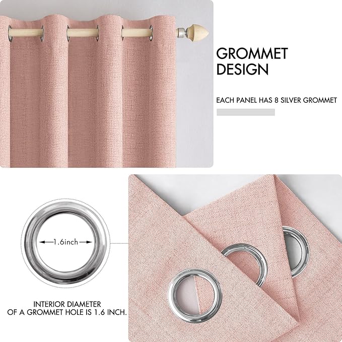 MIULEE 100% Blackout Linen Curtains for Bedroom Thermal Insulated Blush Pink Grommet Room Darkening Curtains & Drapes for Living Room Nursery 52 x 108 Inch (2 Panels)