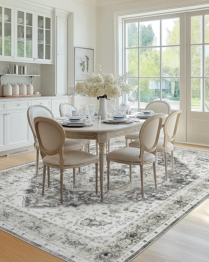 AMADA HOMEFURNISHING Grey 8x10 Area Rug, Washable Low-Profile Large Area Rug with Non-Slip Backing & Durable Edge Binding, Vintage Large Rugs for Living Room, Bedroom