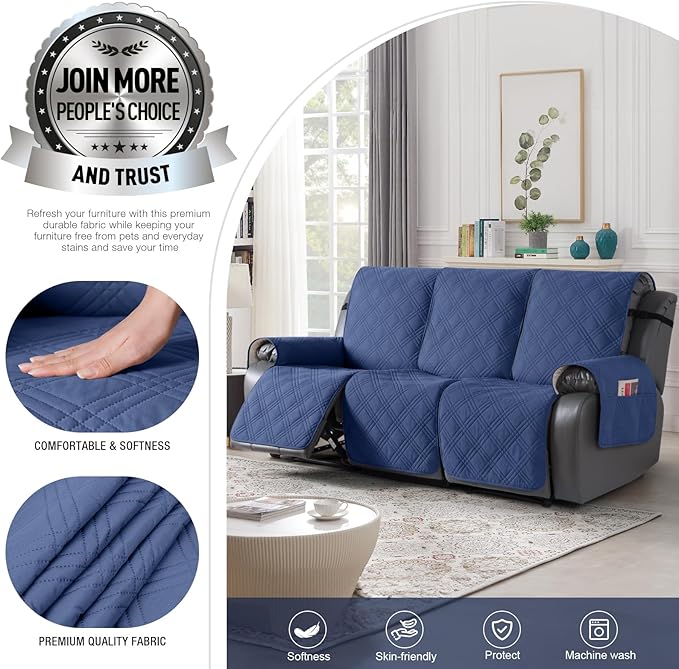 TAOCOCO 100% Waterproof Recliner Sofa Cover, Non Slip Split Couch Covers for Reclining Couches with Straps, Washable Reclining Sofa Cover Furniture Protector for Kids Pets(3 Seater, Ocean Blue)
