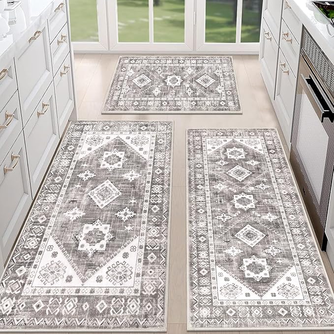 HEBE Boho Kitchen Rug Sets 3 Piece with Runner Non Slip Kitchen Rugs and Mats Washable Kitchen Mats for Floor Thick Kitchen Floor Mat Carpet Runner Rugs for Hallway Laundry Holiday Decor