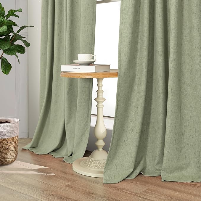 Pitalk Light Sage Green Black Out Curtains 63 Inch Long 2 Panel Set Back Tab Pleated Linen Textured Cute Blackout Curtains for Girls Bedroom Nursery Living Room Darkening Thermal Window Drapes Vintage