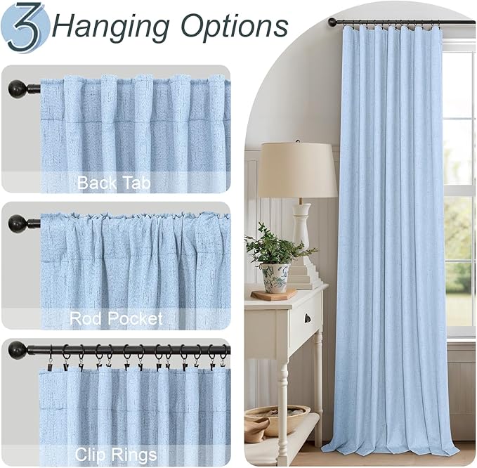 Light Blue Black Out Curtains 96 Inches Long for Living Room 100% Blackout Linen Textured Thermal Window Treatments Grand Millenial Curtain Drapes for Bedroom Modern Farmhouse Decor 96 Length 2 Panels