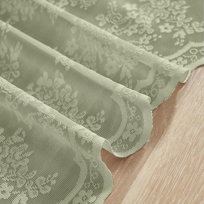 YJ YANJUN Vintage Lace Curtains 36 Inch Length-Victorian Floral Pattern Boho Sage Green Kitchen Window Curtains Over Sink Set of 2 Camper Window Privacy Drapes that Let Light in Spring 26x36 Inch