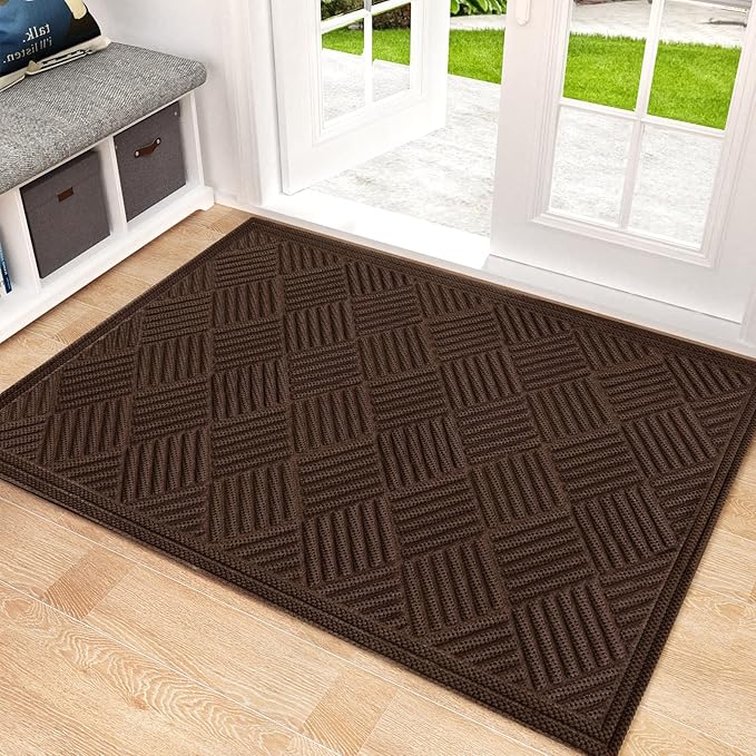 Mibao Front Door Mat, Dirt Trapper Welcome Mat for Outdoor Indoor, Non-Slip Waterproof Doormat, Durable Machine Washable Low Profile Entry Rug for Back Door Outside Patio Porch, 35.5" x 24", Coffee