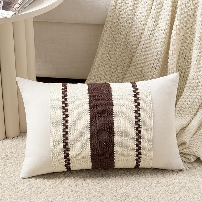 Fancy Homi Set of 1 Boho Brown Long Lumbar Decorative Throw Pillow Cover 14x24 Inch for Couch Bed Sofa Chair, Modern Organic Farmhouse Home Decor, Soft Cotton Cute Accent Rectangle Cushion Case