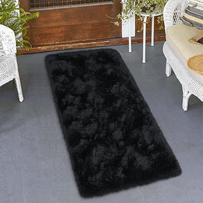 Amearea Shag Fluffy Small Rug, 2x4 Feet Throw Rugs for Bedroom Girls Living Room, Extra Soft and Fuzzy Shaggy Carpet, Non Slip, Solid Color Nursery Home Floor Decor Carpets, Black