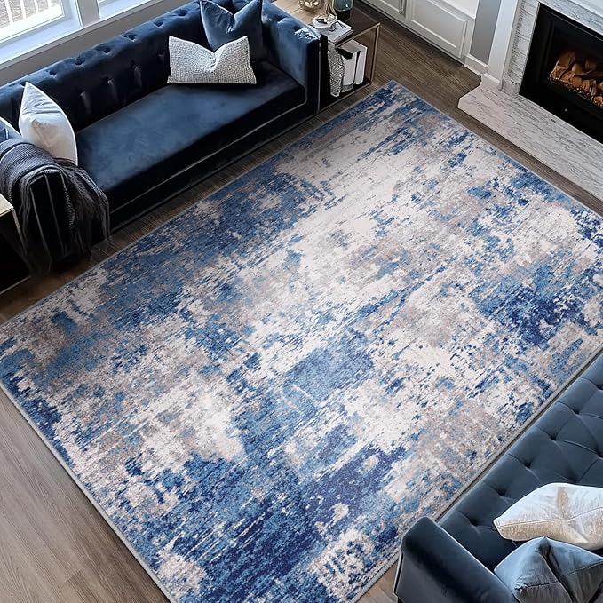 Washable Area Rugs 10'x12' Non-Slip Modern Abstract Soft for Living Room Entryway Bedroom Nursery, Print Pattern, Blue Grey Navy Gray