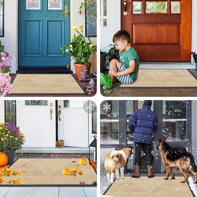 Smiry Front Door Mat Outside Entrance, Heavy Duty Sturdy Natural Rubber Doormat, Trap Dirt and Moisture, Easy Clean Low Profile Mats for Indoor Outdoor Entry, Irregular Triangle (47x32, Cream White)