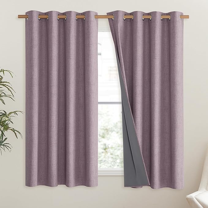 NICETOWN Chaise Mauve Vintage Linen 100% Blackout Curtains for Living Room, Thermal Insulated Curtains 63" Long, Noise Reducing Window Treatment Drapes for Hall Room, 52" Wide Per Panel, Set of 2