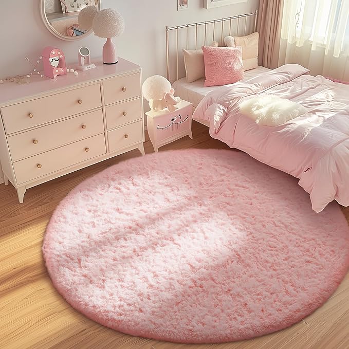 Ophanie Round Rugs 6Ft Pink Circle Area Rug, Fuzzy Bedroom Carpet, Large Shag Plush Floor Kawaii Christmas Living Room Rugs 6 foot,Cute Room Decor for Kids Teen Girls Baby Home Decor Aesthetic,Nursery