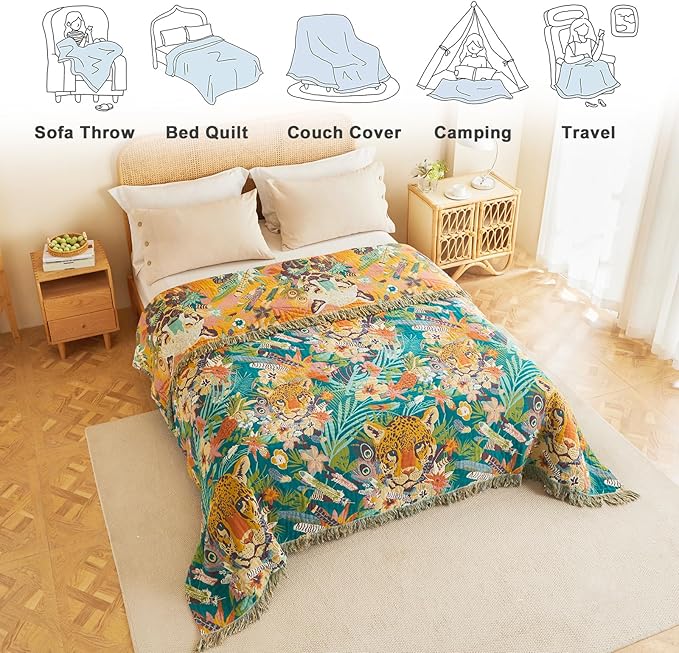 MSGKV Throw Blanket for Couch Bed Cotton Leopard Animals Twin Size Blanket 60"x80" Muslin Spring Breathable All Seasons Lightweight Farmhouse Blankets