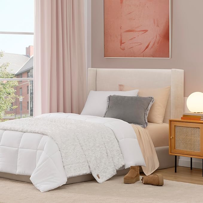 UGG Adalee Faux Fur Twin Blanket for Bed, Soft Blanket or Warm Large Throw for Couch, Washable Twin XL Bedding, Luxury Bedroom Decor, 66" x 90", Natural White