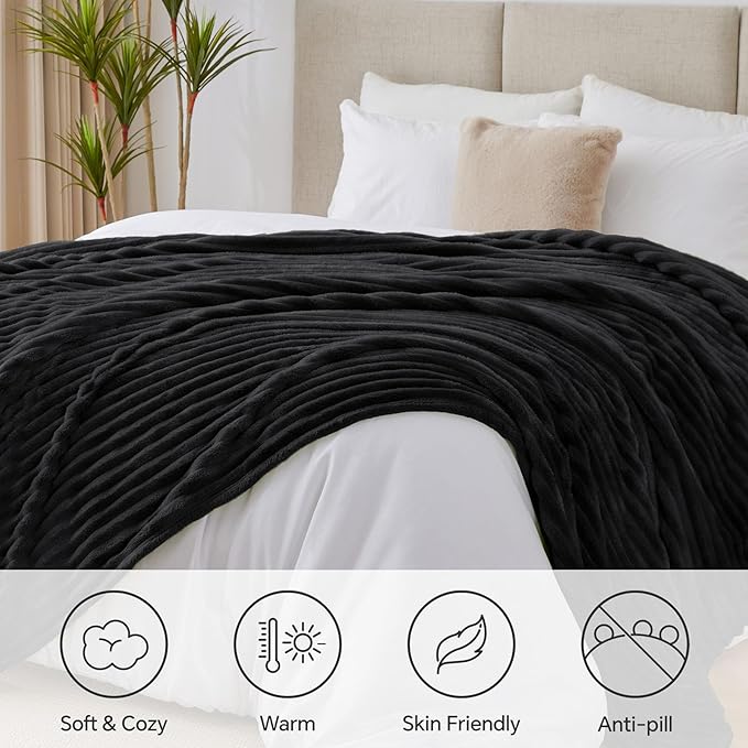 BEDELITE King Size Blanket for Bed, 300GSM Soft & Warm Fleece Blanket, Decorative and Giftable Striped Black Blankets for Women, Men, 108"x90"