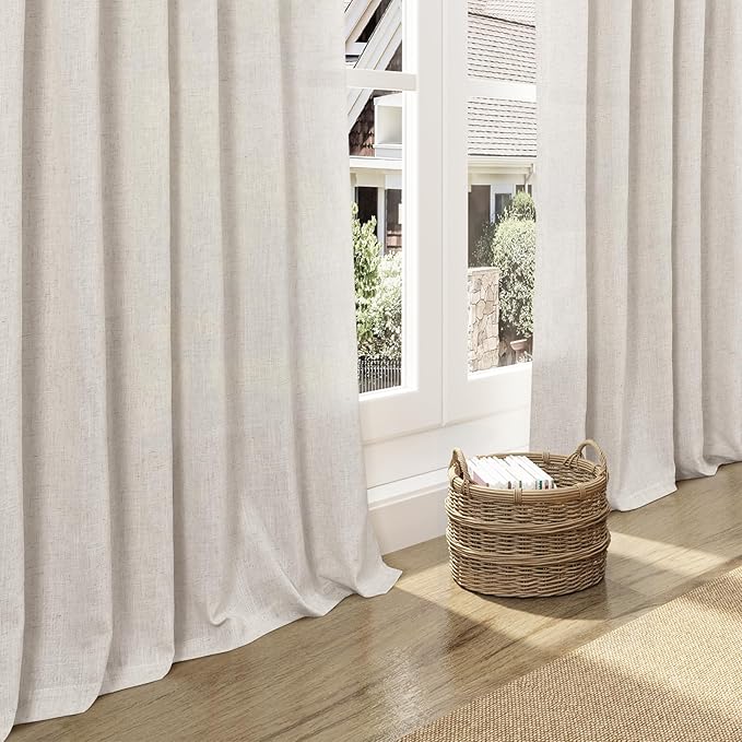 Nanspring Pearl White Linen Curtains for Living Room 72 Inches Long Luxury Light Filtering Semi Sheer Curtain Back Tab Coastal Decor Neutral Elegant Gray Drapes for Bedroom Office 52x72, 2 Panels