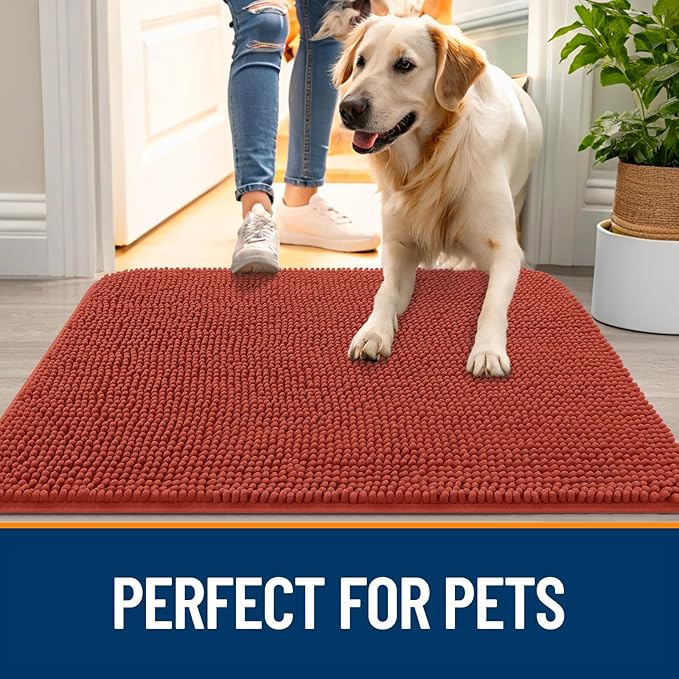 OLANLY Dog Door Mat for Muddy Paws 47x17, Absorbs Moisture and Dirt, Absorbent Non-Slip Washable Doormat, Quick Dry Chenille Mud Mat for Dogs, Entry Indoor Entryway Carpet for Inside Floor, Maple Red