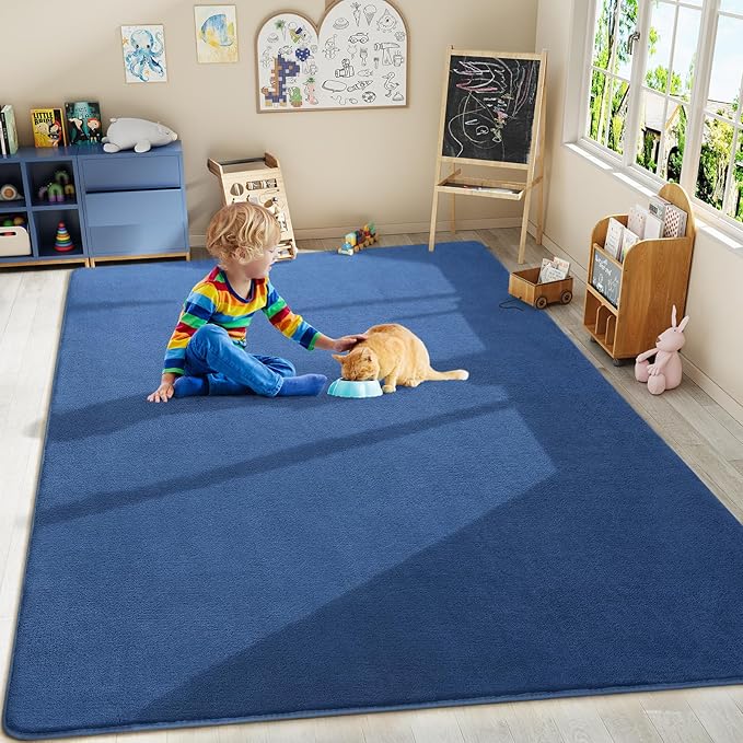 Amearea Large Modern Area Rugs for Bedroom Living Room, 8x10 Feet Blue Thickened Memory Foam Rug, Fluffy Indoor Washable Rugs Non Slip Minimalist Carpet for Boys Girls Dorm Nursery Room Decor