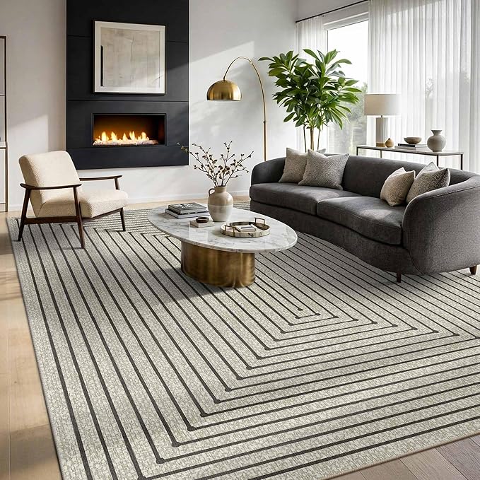 Latte&Fog 10x14 Area Rug for Living Room, Extra Large Beige Modern Abstract Washable Rugs, Boho Non Slip Low Pile Carpet for Indoor Bedroom Dining Room, Office, Dorm, Classroom and Farmhouse - Beige