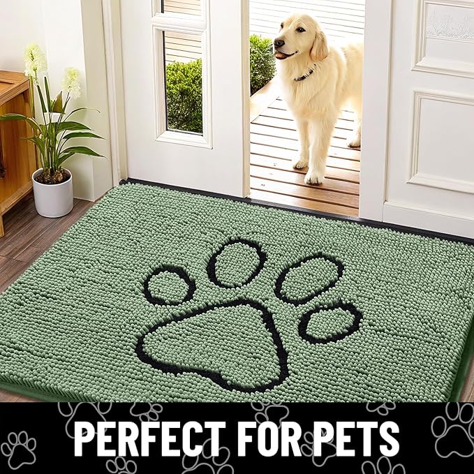 Smiry Dog Door Mat for Muddy Paws, Absorbent Dirt Trapper Non Slip Quick Dry Washable Chenille Mat for Mud Dogs, Entry Rug for Indoor and Outdoor (30x20 Inches, Olive Green and Black)